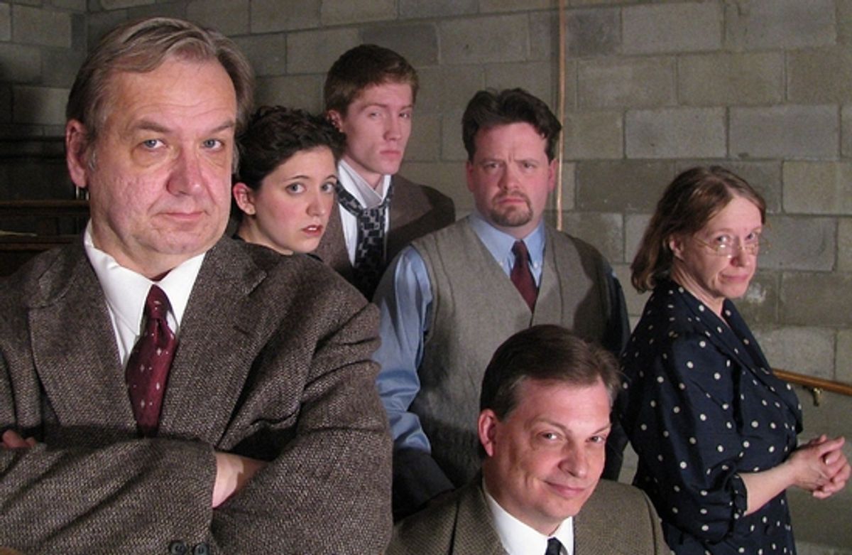 Gary Regal as Major Metcalfe, Heather Liebal as Molly, David Andrews (sitting) as Sergeant Trotter, Nathan Magyar as Christopher Wren, Jeff Stringer as Giles, and Patricia Petiet as Mrs. Boyle at 