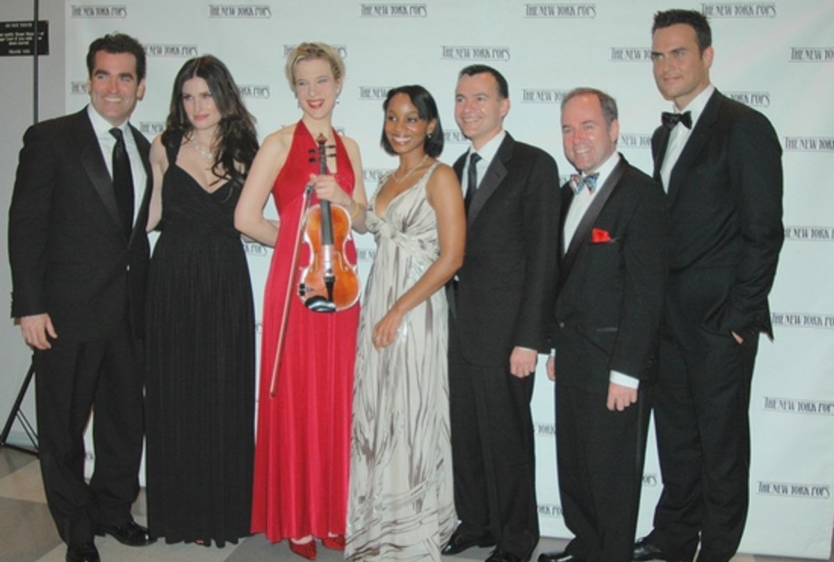 Brian d'Arcy James,  Idina Menzel, Sara Caswell, Anika Noni Rose, William Schermerhorn, Stephen Flaherty and Cheyenne Jackson at NY POPS Honors 'Feinstein's at Loews Regency' at Carnegie Hall