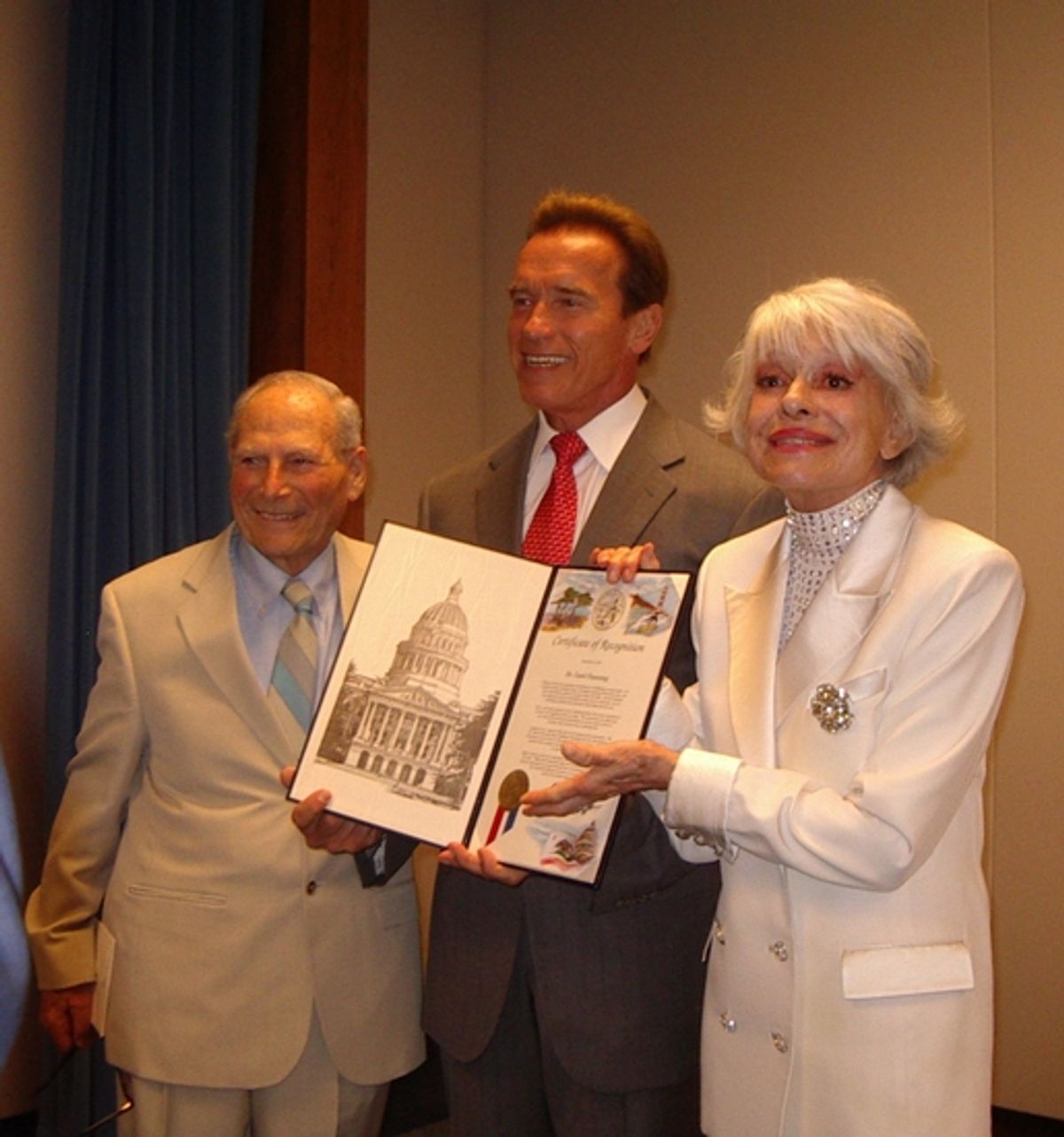 Harry Kullijian, Gov Arnold Schwarzenegger and Carol Channing at 
