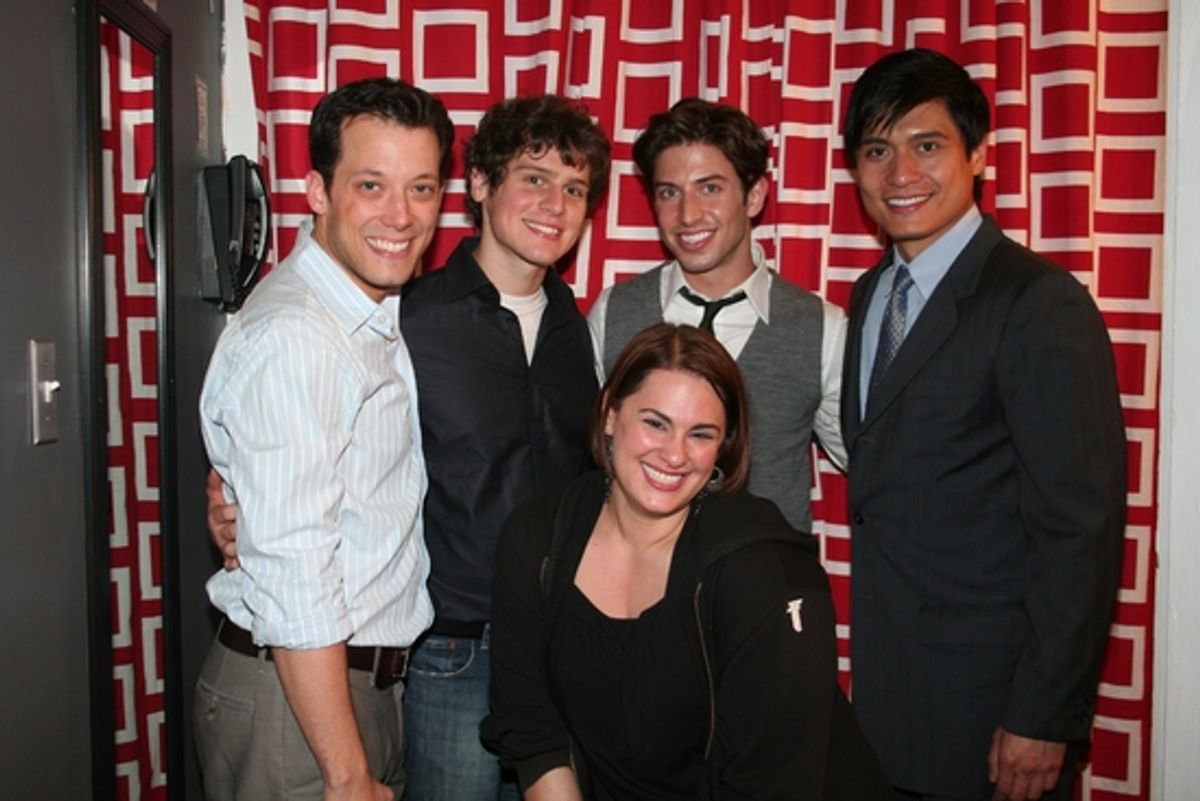 John Tartaglia, Jonathan Groff, Nick Adams, Alix Caps (Stage Manager) and Paolo Montalban at 