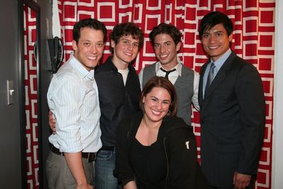 John Tartaglia, Jonathan Groff, Nick Adams, Alix Caps (Stage Manager) and Paolo Monta Photo