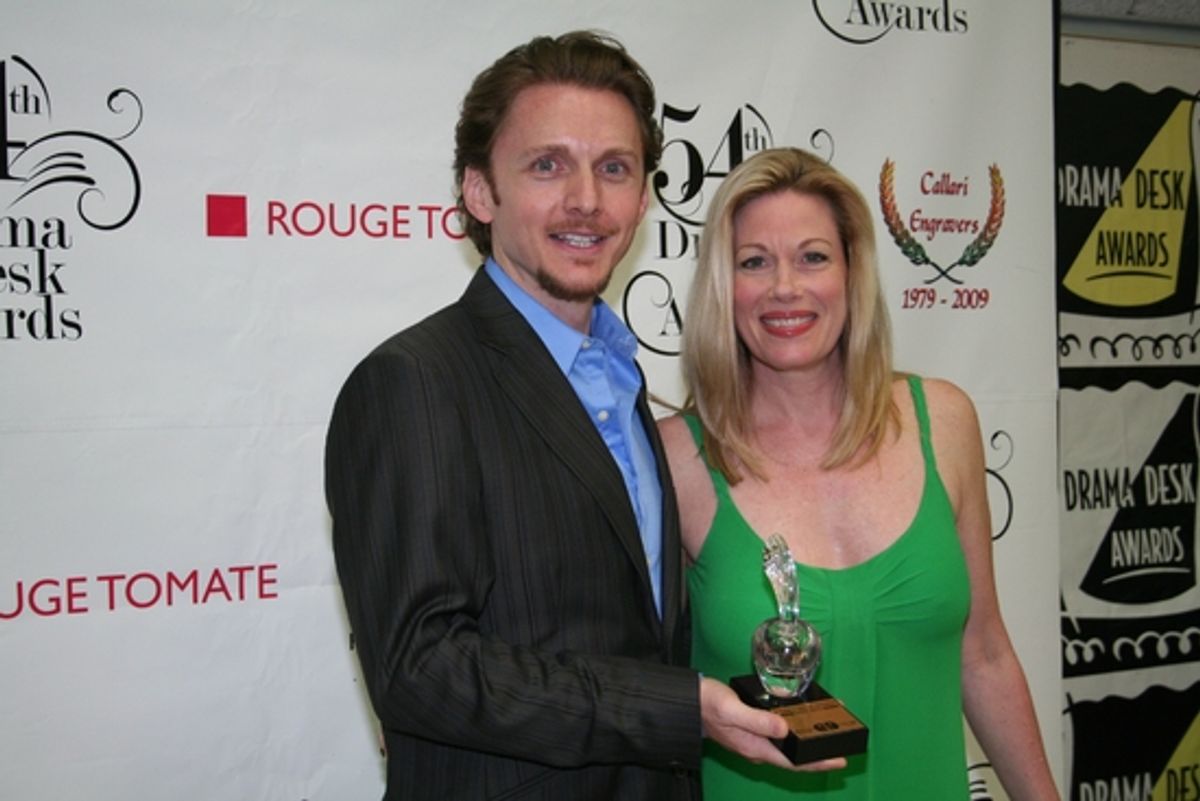 Jason Danieley and Marin mazzie acepted the awards forOutstanding Music: Elton John (Billy Elliot The Musical) and  Outstanding Lyrics: Stephen Sondheim (Road Show) at 2009 Drama Desk Awards Press Room