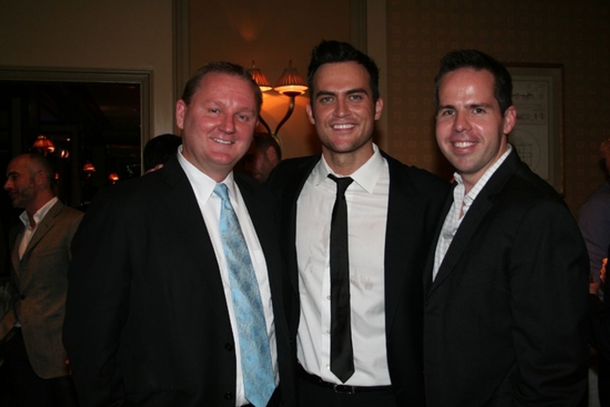 Kevin Frost (CEO amfAR ), Cheyenne Jackson and Joshua Lamont (Communications Marketing Director amfAR) at 