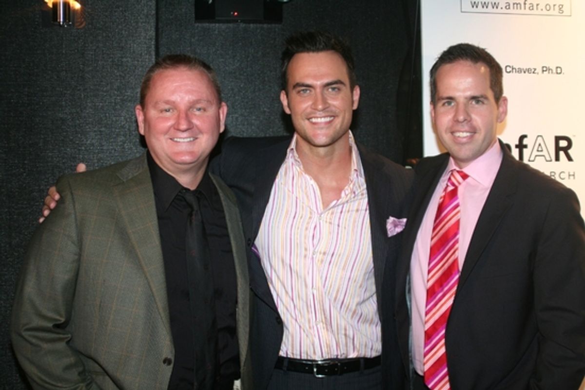Kevin Frost (CEO amfAR), Cheyenne Jackson and Joshua Lamont (Marketing Director amfAR) at 