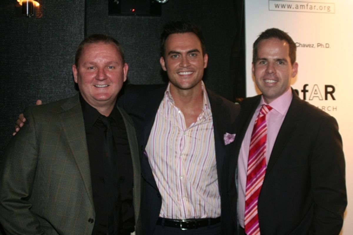 Kevin Frost (CEO amfAR), Cheyenne Jackson and Joshua Lamont (Marketing Director amfAR) at 