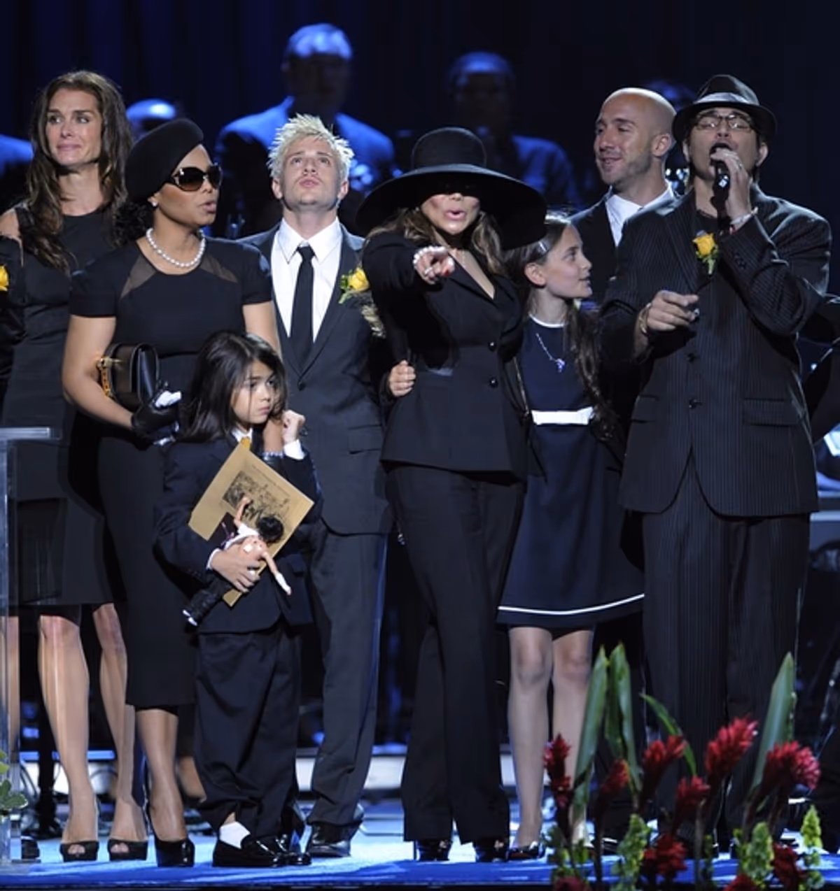 Brooke Shields joins the Jackson family and singers in 'We Are The World' at The Michael Jackson Public Memorial Service 