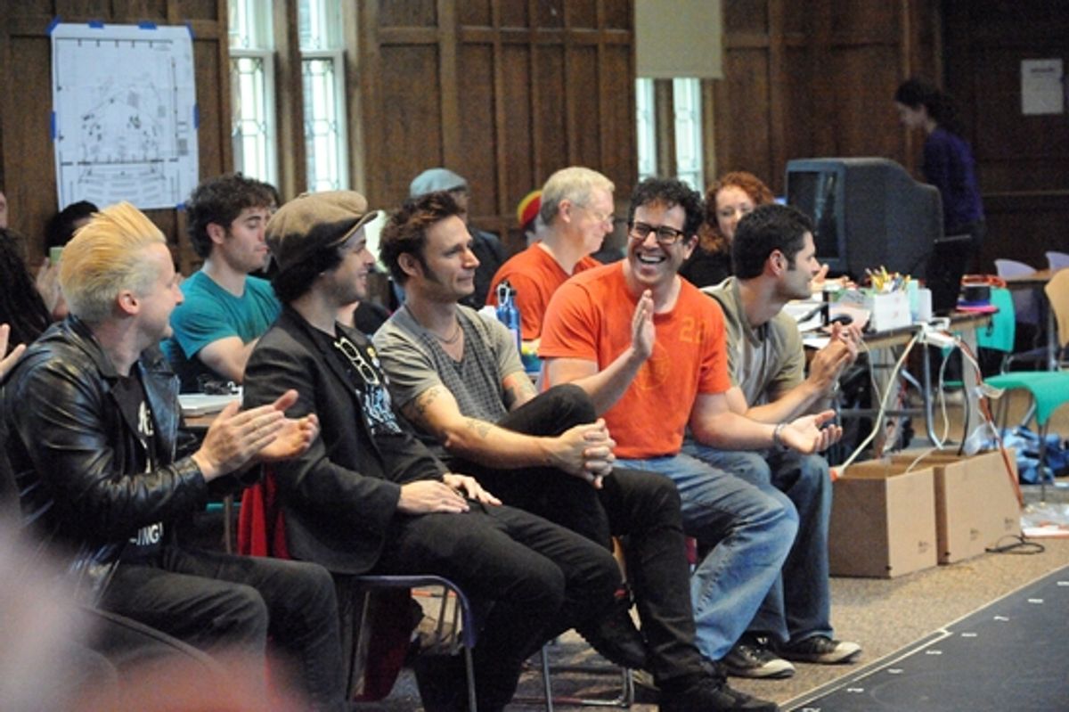 Green Day's Tre Cool, Billie Joe Armstrong and Mike Dirnt with Director Michael Mayer and Music Supervisor Tom Kitt at 