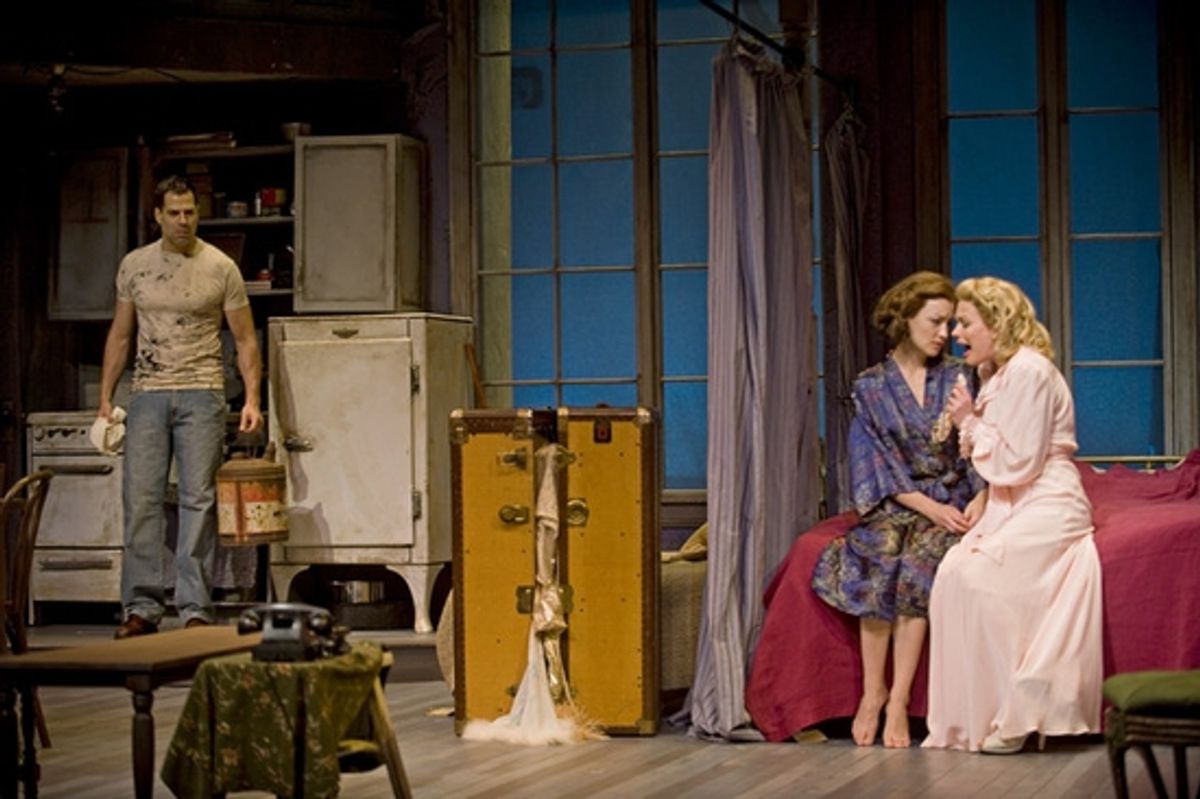 Christopher Innvar (Stanley Kowalski), Kim Stauffer (Stella Kowalski), and Marin Mazzie (Blanche DuBois) at 