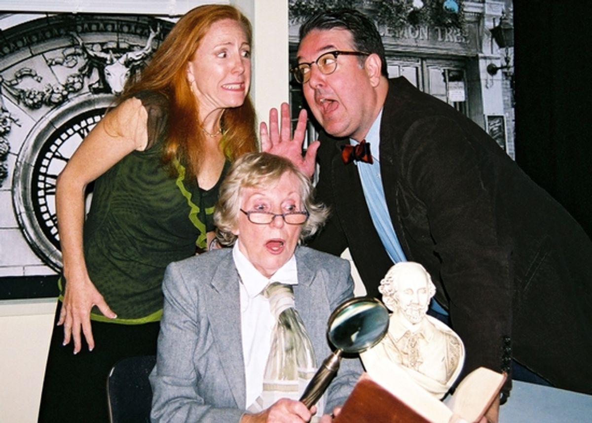 Molly McGrath as Becky Fryman, Ron Severdia as Gil Fryman and (center) Judy Holmes as Professor Justinia Hawkin at 