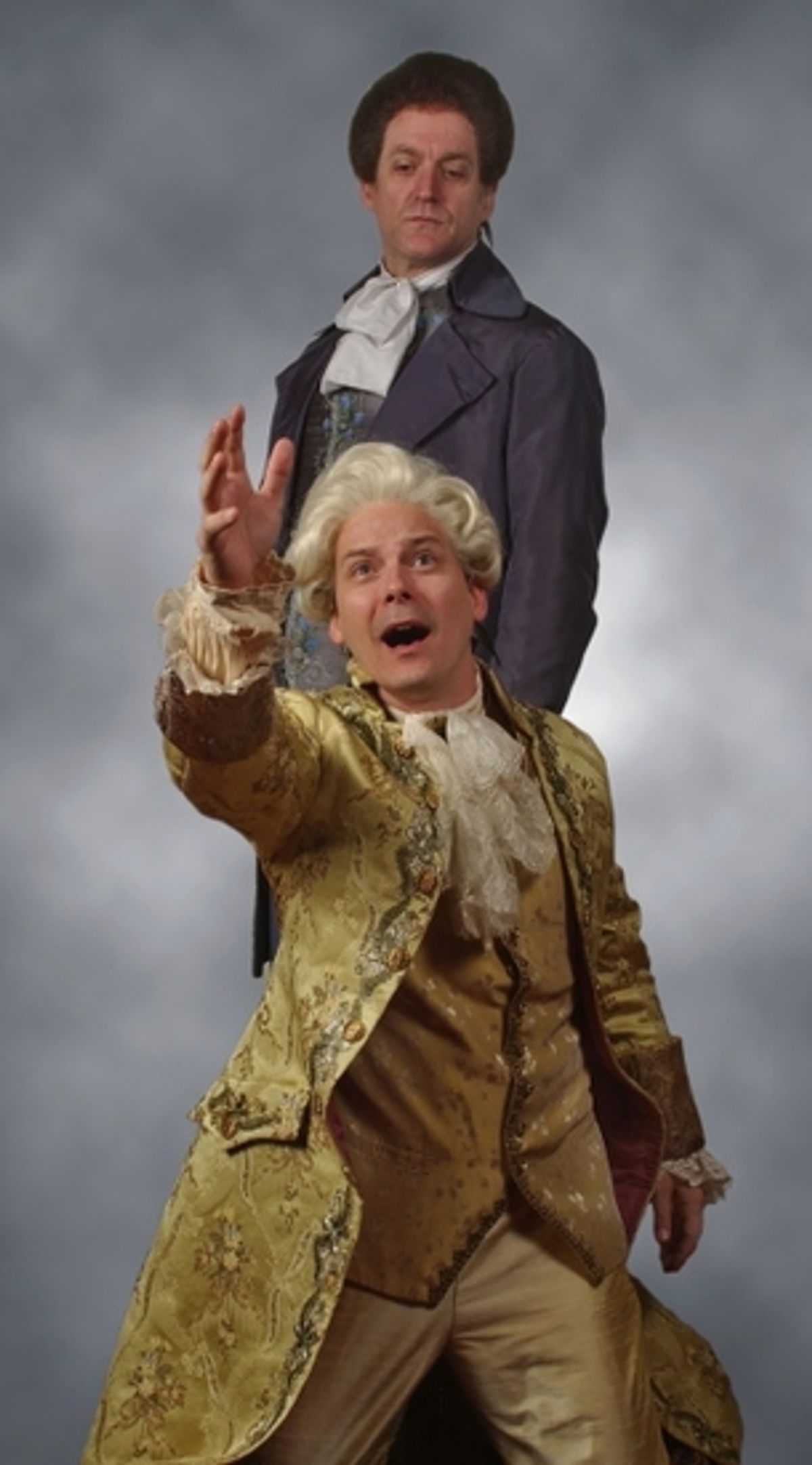 Andrew Long as Salieri and (below) Jim Poulos as Mozart at 