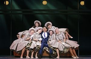 Back Row: Emma Rowley, Deanna Cipolla; Front Row: Julia Knitel, Allison Strong, John Stamos, Jillian Mueller and Catherine Blades @ BroadwayWorld Back Row: Emma Rowley, Deanna Cipolla; Front Row: Julia Knitel, Allison Strong, John Photo