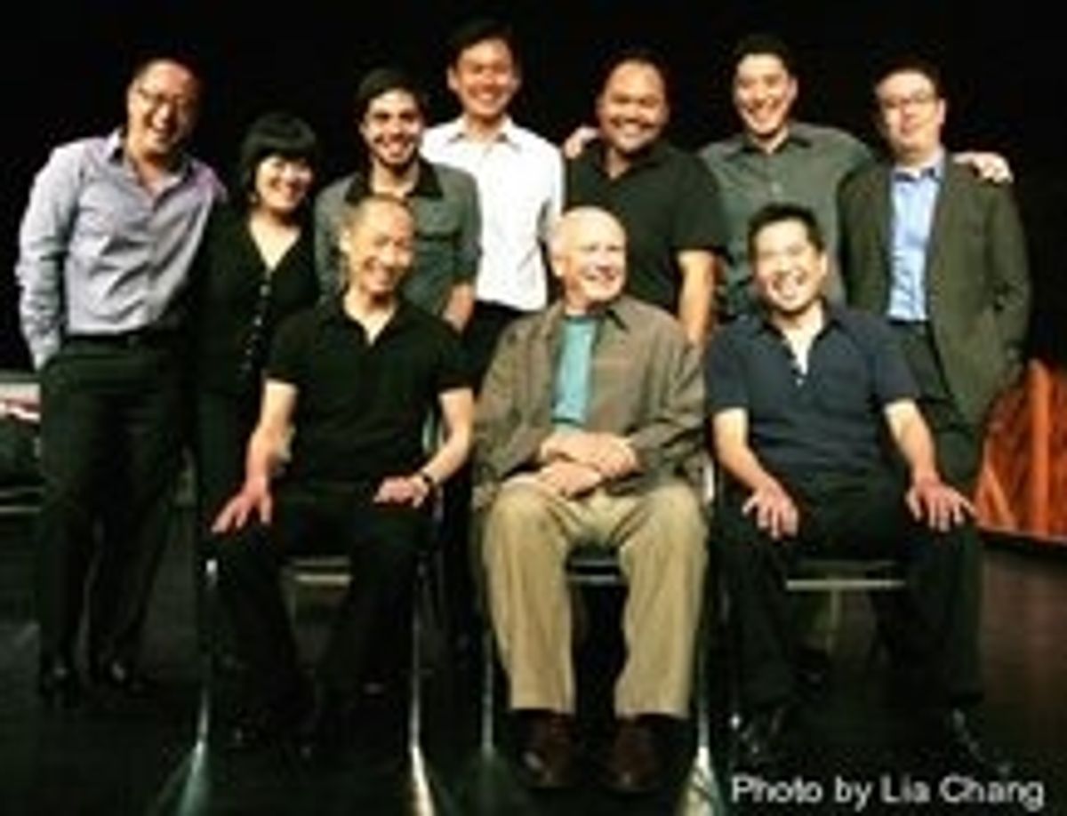 NAATCO's LOVE! VALOUR! COMPASSION! benefit reading at the Cherry Lane Theater in New York on September 14, 2009. (L-R back row) Director Alan Muraoka, Ann Harada, Satya Bhabha, Joel de la Fuente,Orville Mendoza, James Yaegashi, Ralph Pena, (L-R seated) Fr at 