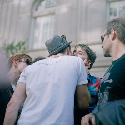 Gavin Creel greets Julia Murney, Kevin Cahoon and Marc Kudisch Photo