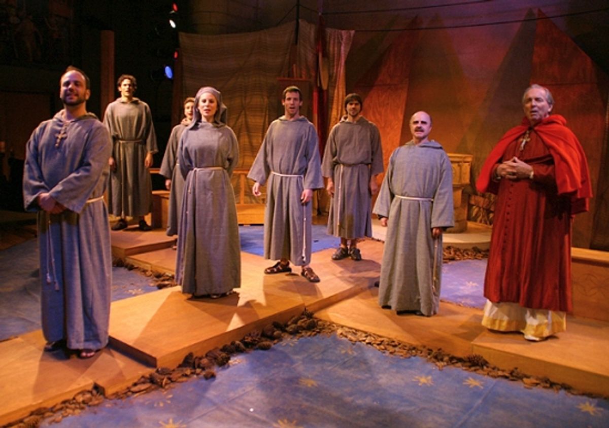 Rob Maitner (Elias), Samuel Berwin (Bernardo), Alex Yacovelli (Juniper), Mary Catherine McDonald (Clare), Robert A. Felbinger (Francesco), John Weigand (Faverone), Charles Karel (Cardinal). at 