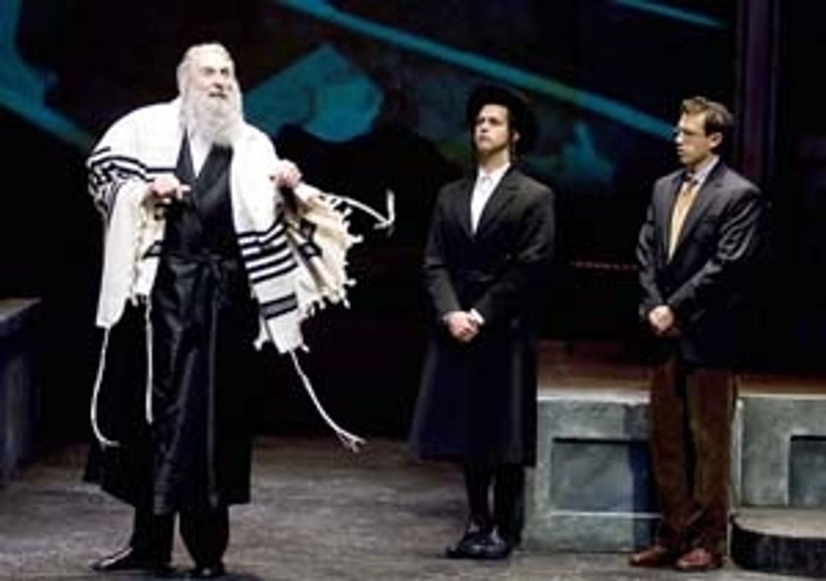 Corey Fischer as Reb Saunders, Thomas Gorrebeeck as Danny Saunders and Jonathan Bock as young Reuven Malter at 