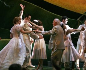 Cheyenne Jackson, Jim Norton, Kate Baldwin and the cast dance at the curtain call Photo