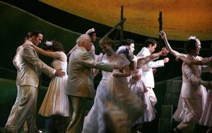 Cheyenne Jackson, Jim Norton, Kate Baldwin and the cast dance at the curtain call Photo