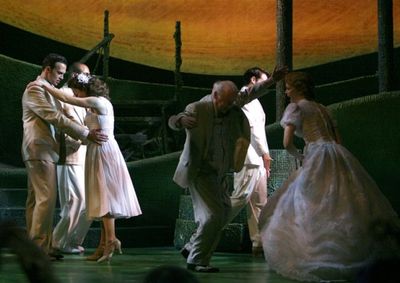 Cheyenne Jackson, Jim Norton, Kate Baldwin and the cast dance at the curtain call Photo