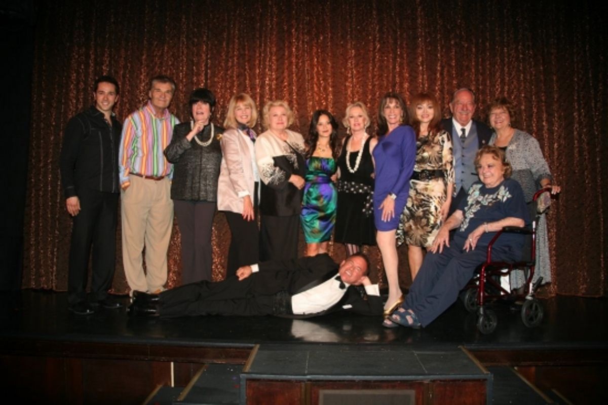 LtoR  Yuval David, Fred Willard, JoAnne Worley, Ilene Graff, Ilene Larsen, Romi Dames. Tippi Hedren, Kate Linder, Juey Tenuta, Milt Larsen, Arlene Larsen and Rose Marie sitting with Jim Bentley. at 