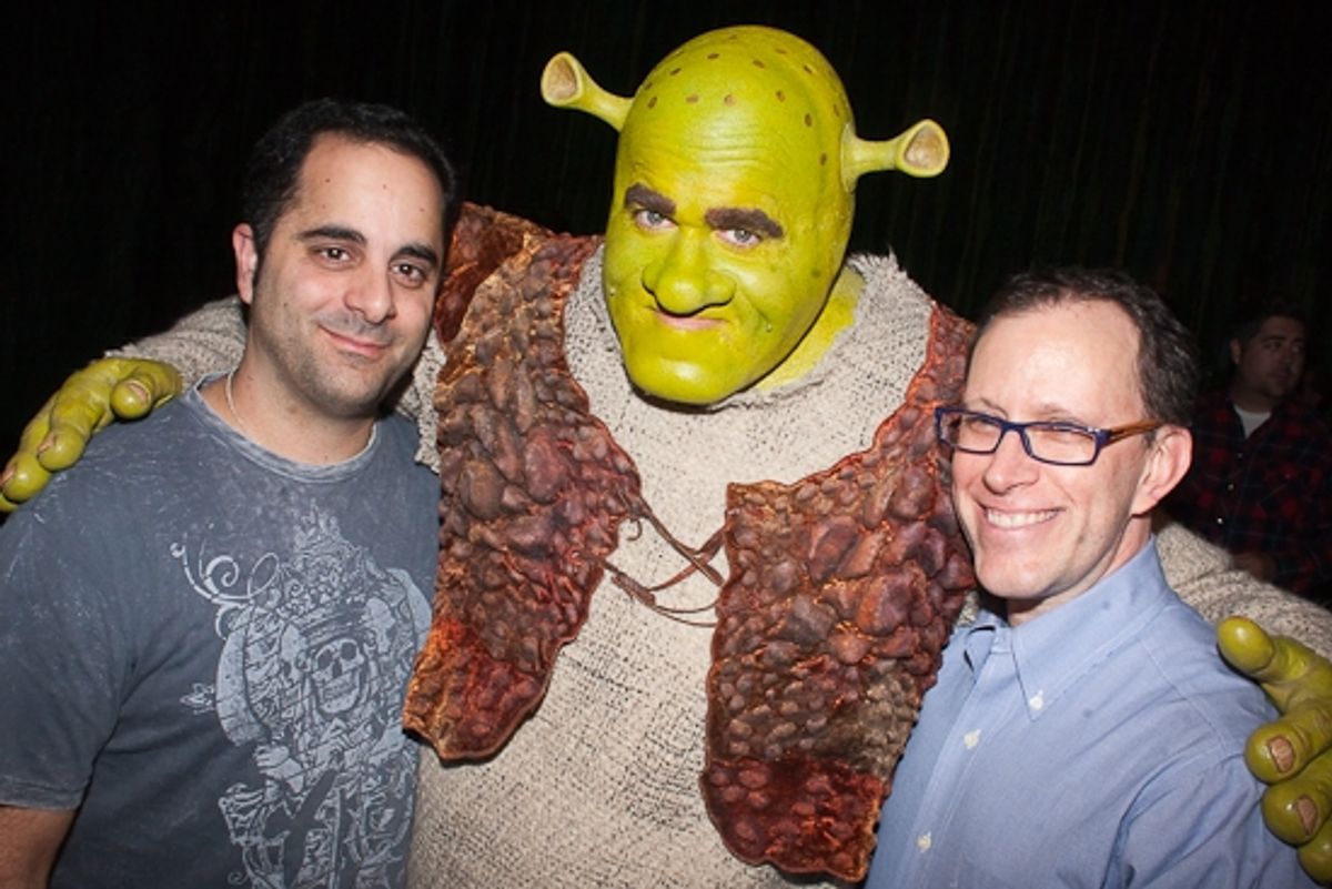 Brian d'Arcy James Shrek make-up artist Dave Presto and Brian's dresser Jack Scott at 