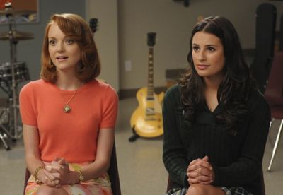 Emma (Jayma Mays, L) and Rachel (Lea Michele, R) watch Will perform Photo