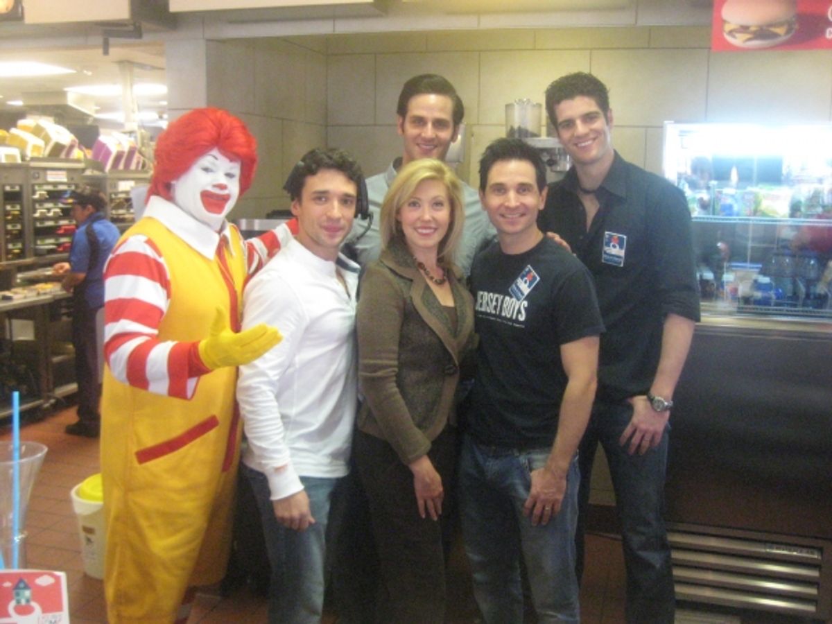 Ronald McDonald with Andrew Ragone of Phantom, Rick Faugno, Travis Cloer and Peter Saide of JERSEY BOYS and Calvert Collins of KLAS at 