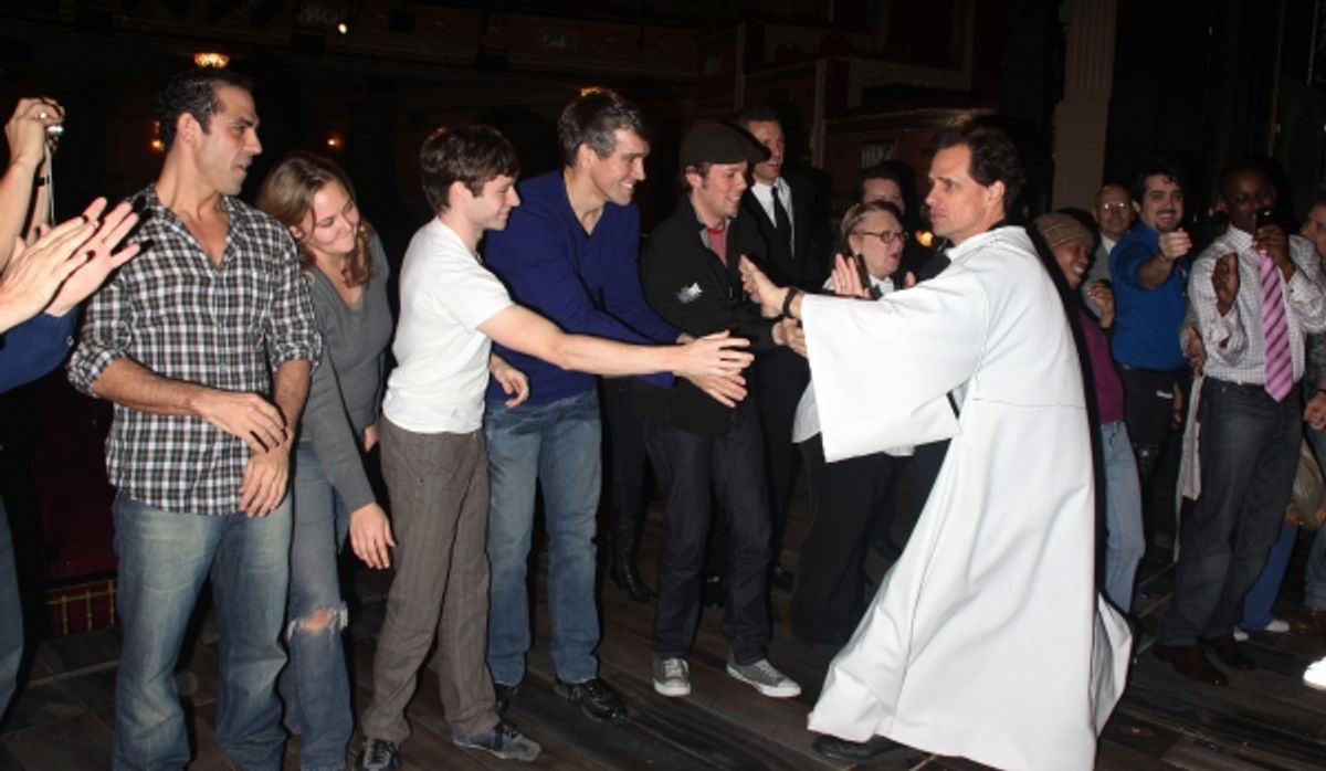 Jonathan Hammond, Bobby Steggert, Mike McGowan and cast cheer on Michael X. Martin at 