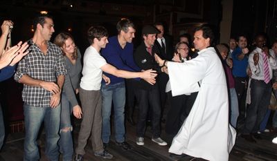 Jonathan Hammond, Bobby Steggert, Mike McGowan and cast cheer on Michael X. Martin Photo