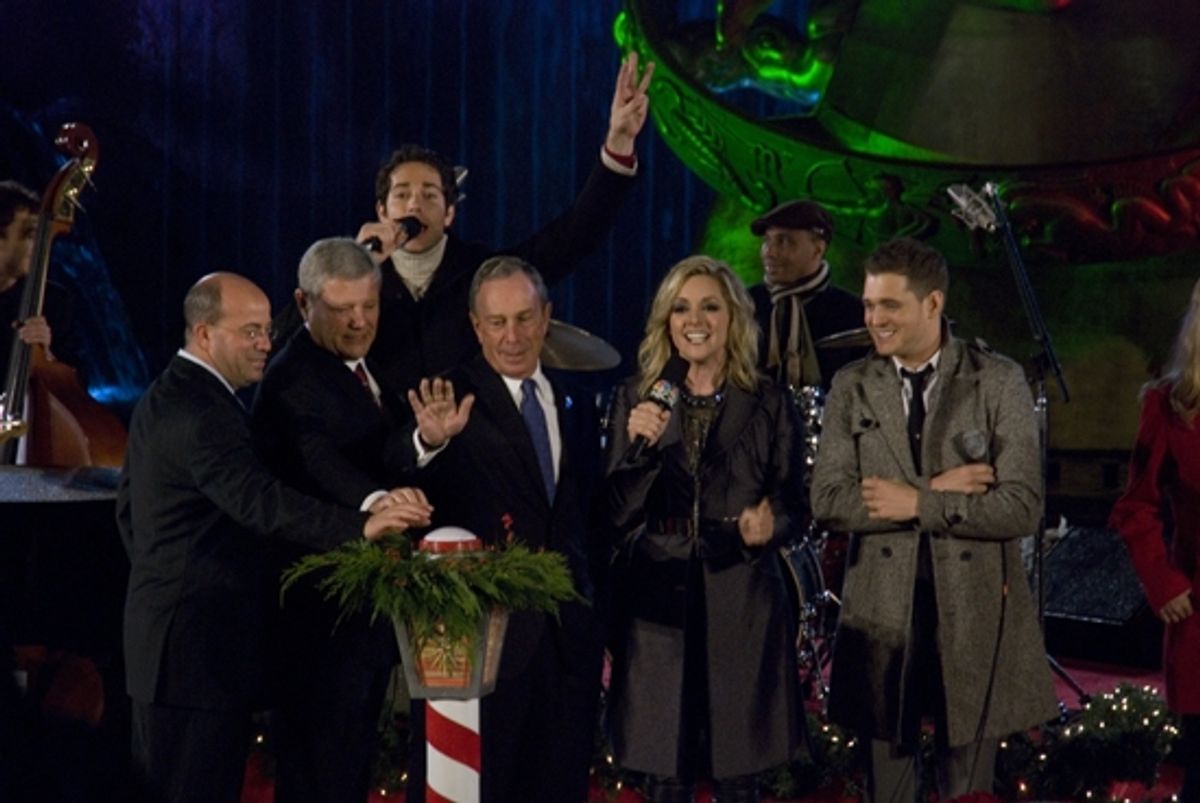Mayor Michael Bloomberg, Zach Levi, Jane Krakowski, and Michael Buble at 2009 Rockefeller Christmas Tree Lighting!