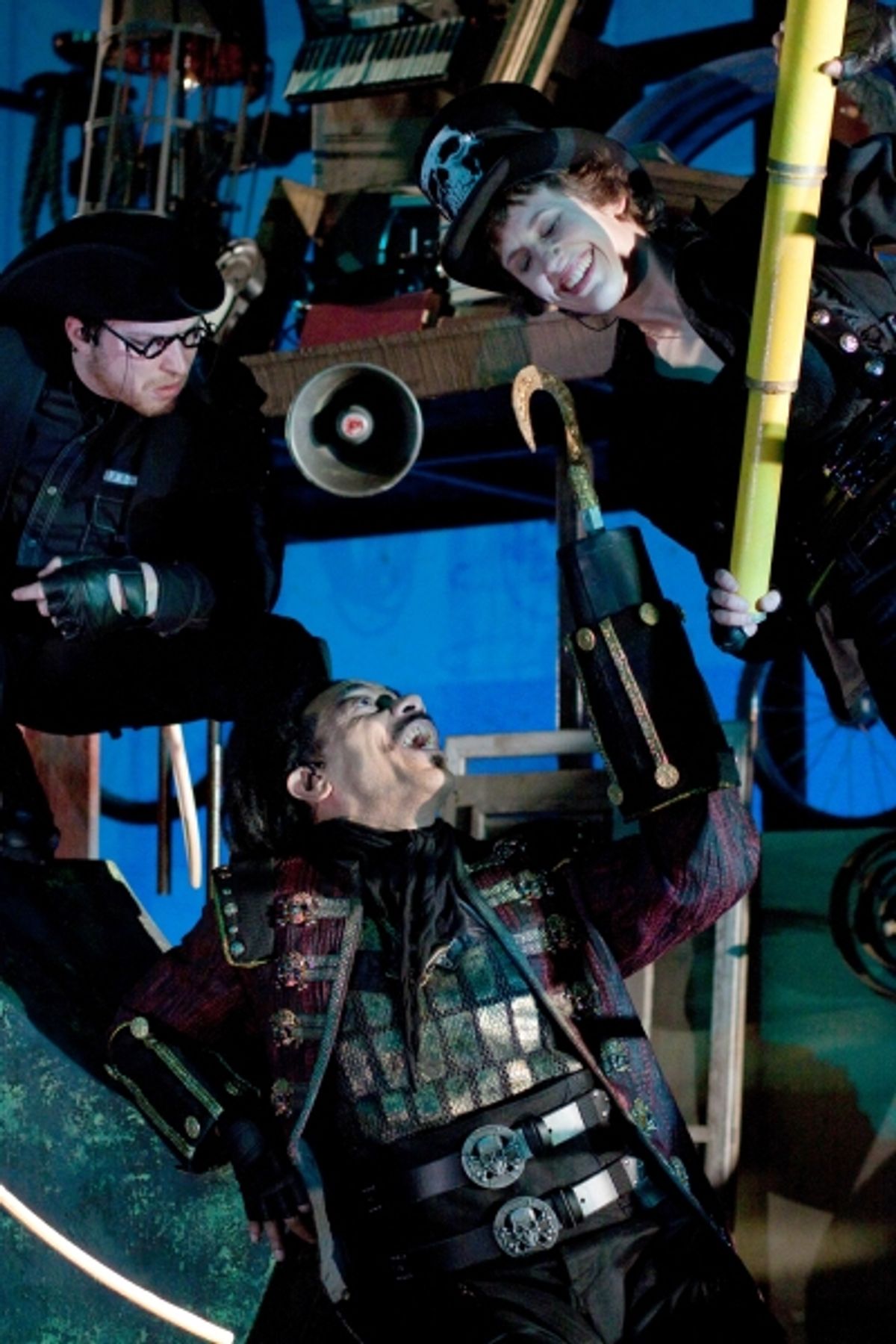 L-R: David J. Sweeny as Smee, Frank X as Captain Hook and Sarah Sanford as Starkey at 