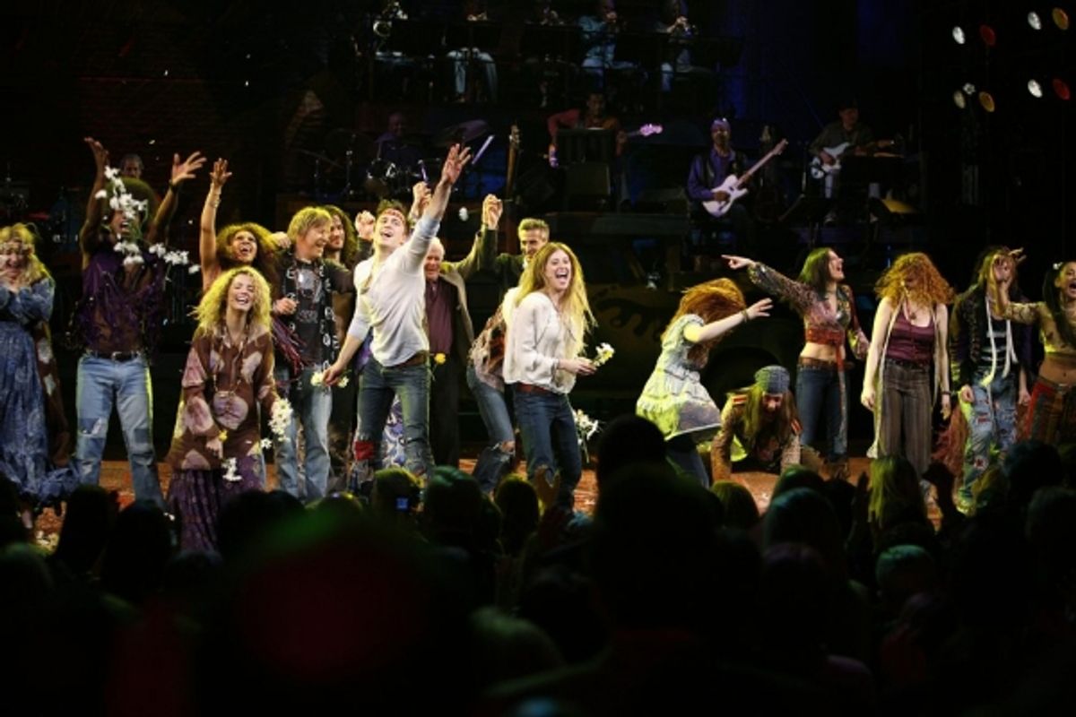 Megan Lawrence, Darius Nichols, Kacie Sheik, Sasha Allen, Gavin Creel, Will Swenson, Caissie Levy & Bryce Ryness with James Rado during the Opening Night Performance Curtain Call for HAIR: THE AMERICAN TRIBAL LOVE-ROCK MUSICAL at the Al Hirschfeld Theatre at 