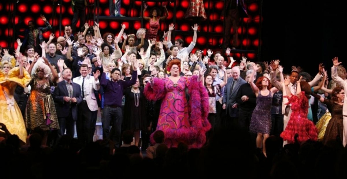 Harvey Fierstein & Marissa Jaret Winokur( with Ensemble casts Past & Present ) during the final performance curtain call for HAIRSPRAY ( The winner of Eight Tony Awards, finishing it's run of 2.641 performances as the 19th Longest-running show in Broadway at 