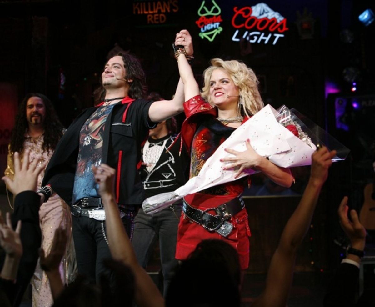 Amy Spangler & Constantine Maroulis & James Carpinello & ensemble cast during the Opening Night Performance curtain call for ROCK OF AGES at 