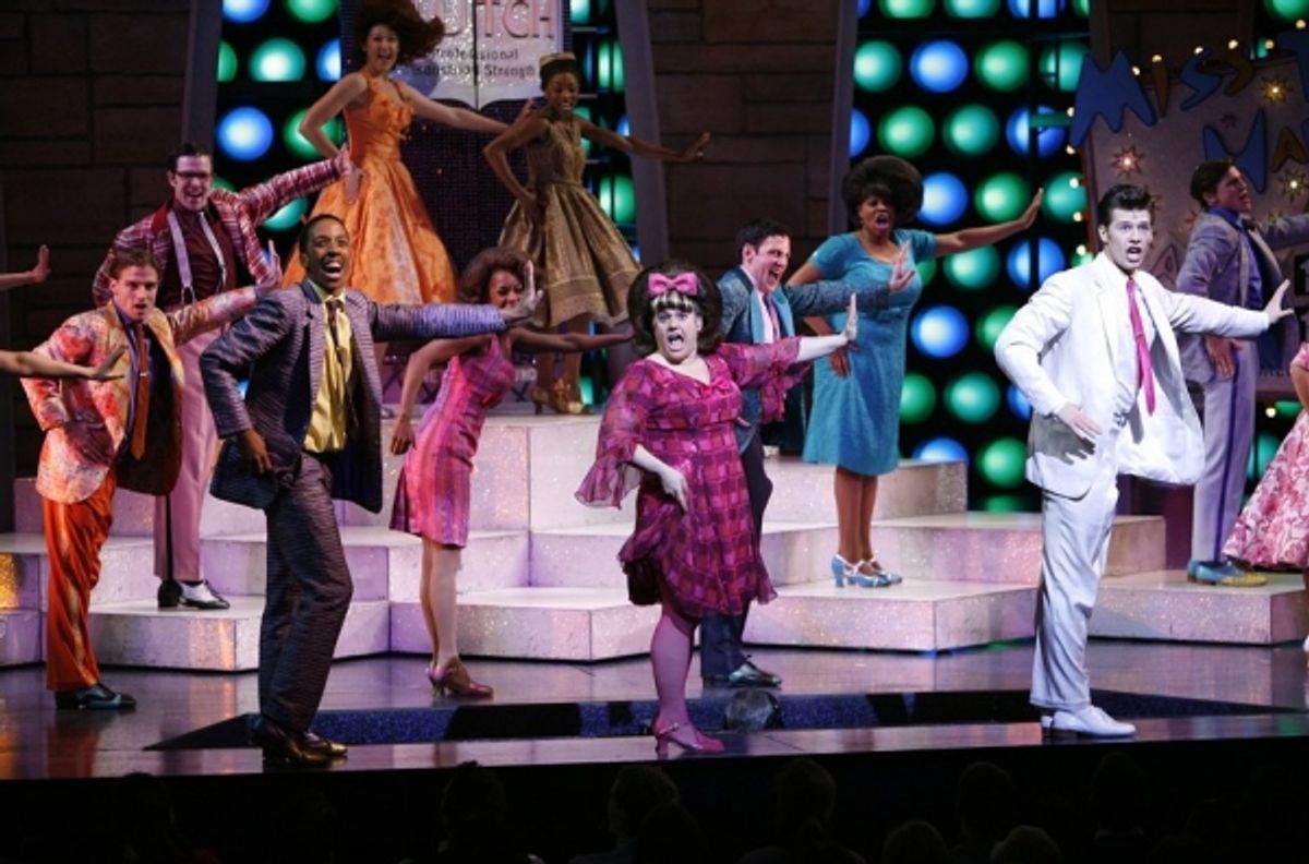 Dwayne Cooper, Marissa Jaret Winokur, Constantine Rousouli during the final performance curtain call for HAIRSPRAY ( The winner of Eight Tony Awards, finishing it's run of 2.641 performances as the 19th Longest-running show in Broadway History ) at the Ne at 