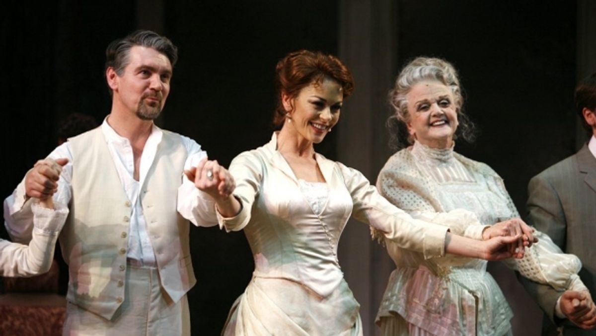 Alexander Hanson, Catherine Zeta-Jones & Angela Lansbury during the Opening night Performance Curtain Call for Broadway's 'A Little Night Music' at the Water Kerr Theatre at 