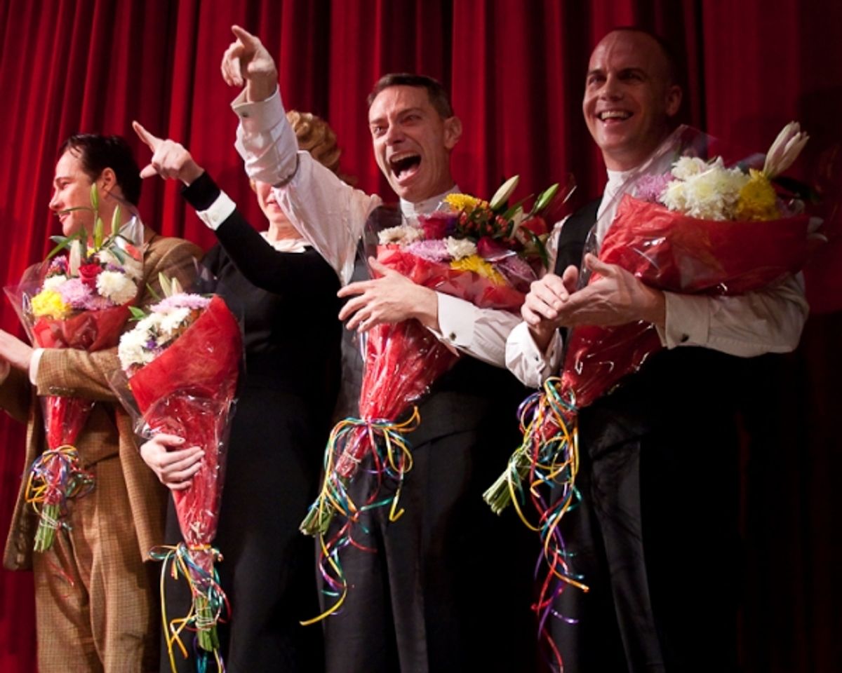 Sean Mahon, Jill Paice, Arnie Burton, and Jeffrey Kuhn point to former 39 Steps cast members in attendance
 at 