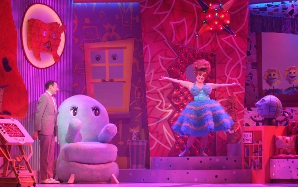 l to r: Magic Screen, Clocky, Pee-wee Herman (Paul Reubens), Chairry, Mr. Window, Miss Yvonne (Lynne Marie Stewart), Globey  at 