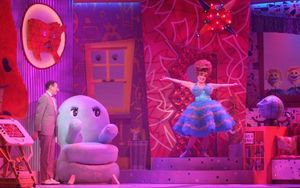 l to r: Magic Screen, Clocky, Pee-wee Herman (Paul Reubens), Chairry, Mr. Window, Mis Photo