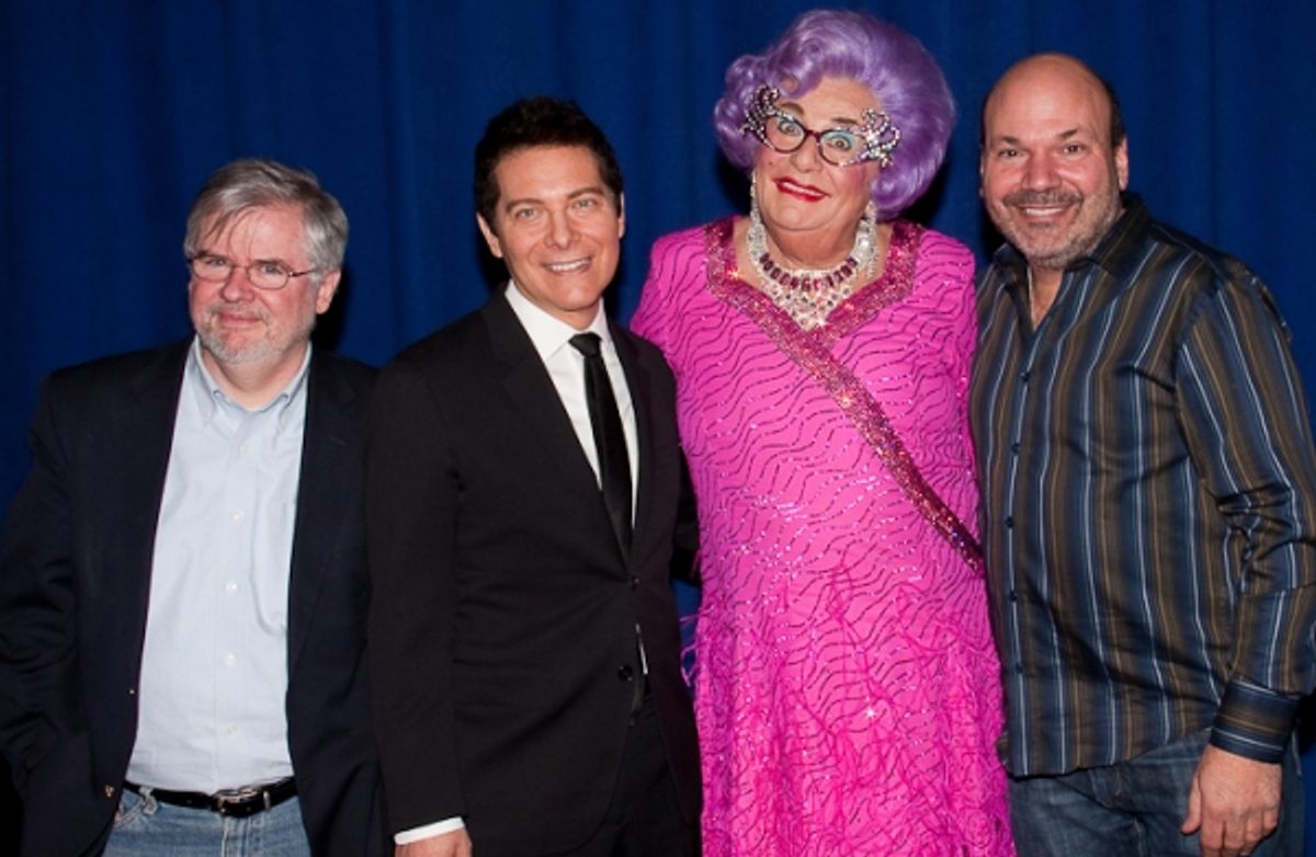 Christopher Durang, Michael Feinstein, Dame Edna, and Casey Nicholaw at 