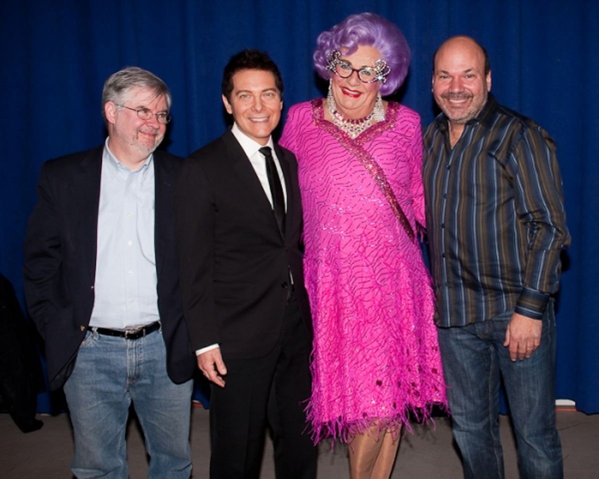 Christopher Durang, Michael Feinstein, Dame Edna, and Casey Nicholaw at 