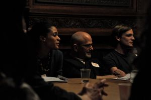  Jubil Khan, ASL Consultant Lewis Merkin, and John McGinty listen to Charles Mee disc Photo