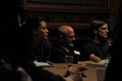  Jubil Khan, ASL Consultant Lewis Merkin, and John McGinty listen to Charles Mee disc Photo