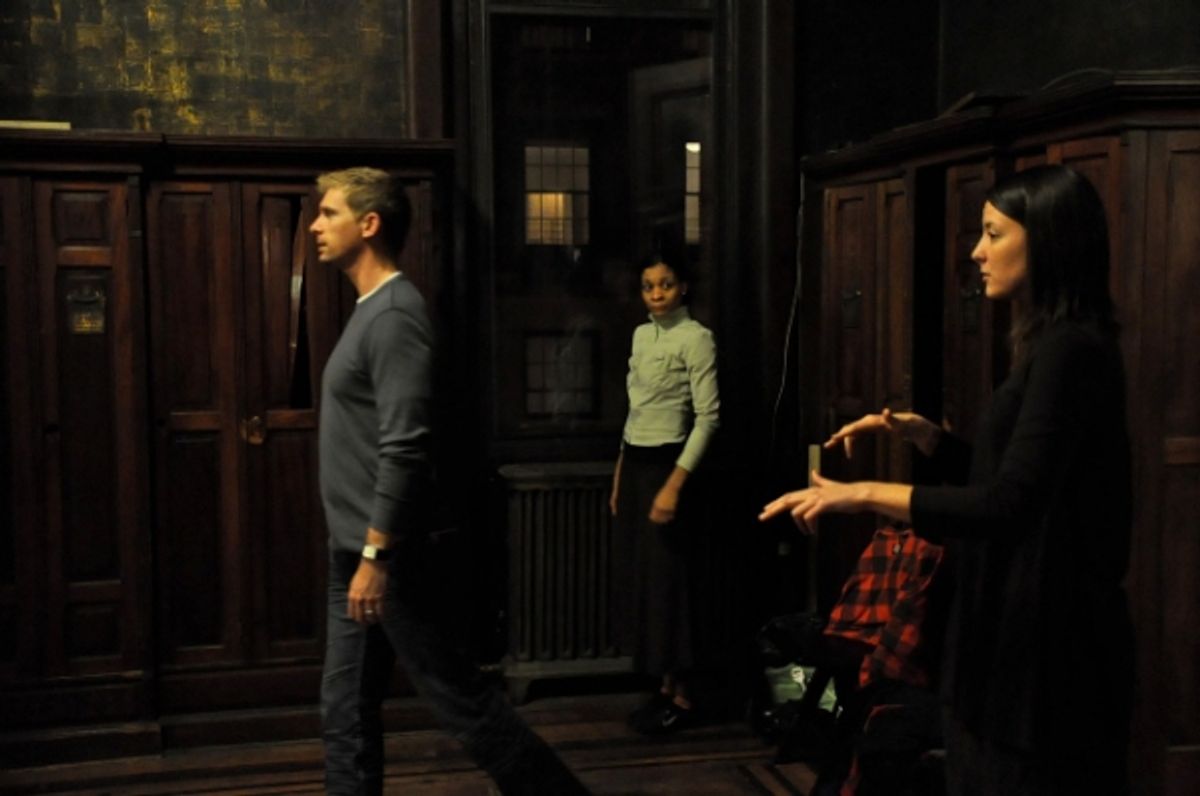 Donnie Mather (Michel) shows Jubil Khan (Euphrosyne) a tango move while Heather translates. at 