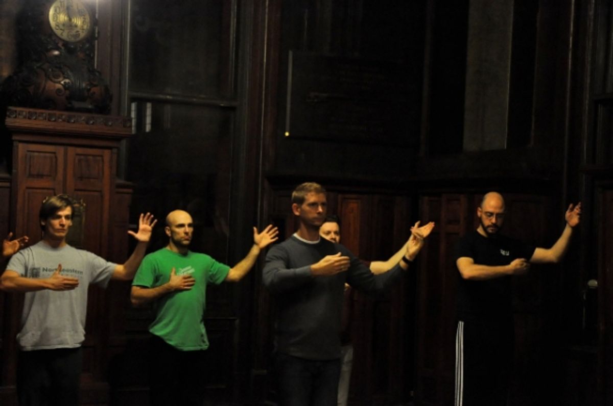 John McGinty (Pierre), Khris Lewin (Roland), Donnie Mather (Michel), Kyle Knauf (Jean Francois) and Luis Moreno (Barbesco) learn the stand at 