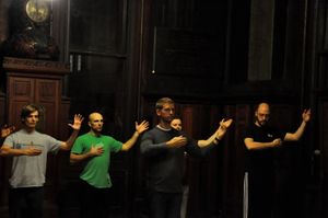 John McGinty (Pierre), Khris Lewin (Roland), Donnie Mather (Michel), Kyle Knauf (Jean Francois) and Luis Moreno (Barbesco) learn the stand @ BroadwayWorld John McGinty (Pierre), Khris Lewin (Roland), Donnie Mather (Michel), Kyle Knauf (Jean Photo