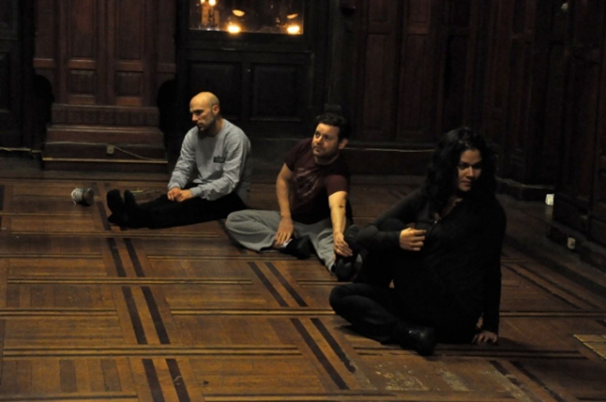 Actors Khris Lewin (Roland), Kyle Knauf (Jean-Francois) and Alexandria Wailes (Sophie) warming up before tango rehearsal. at 