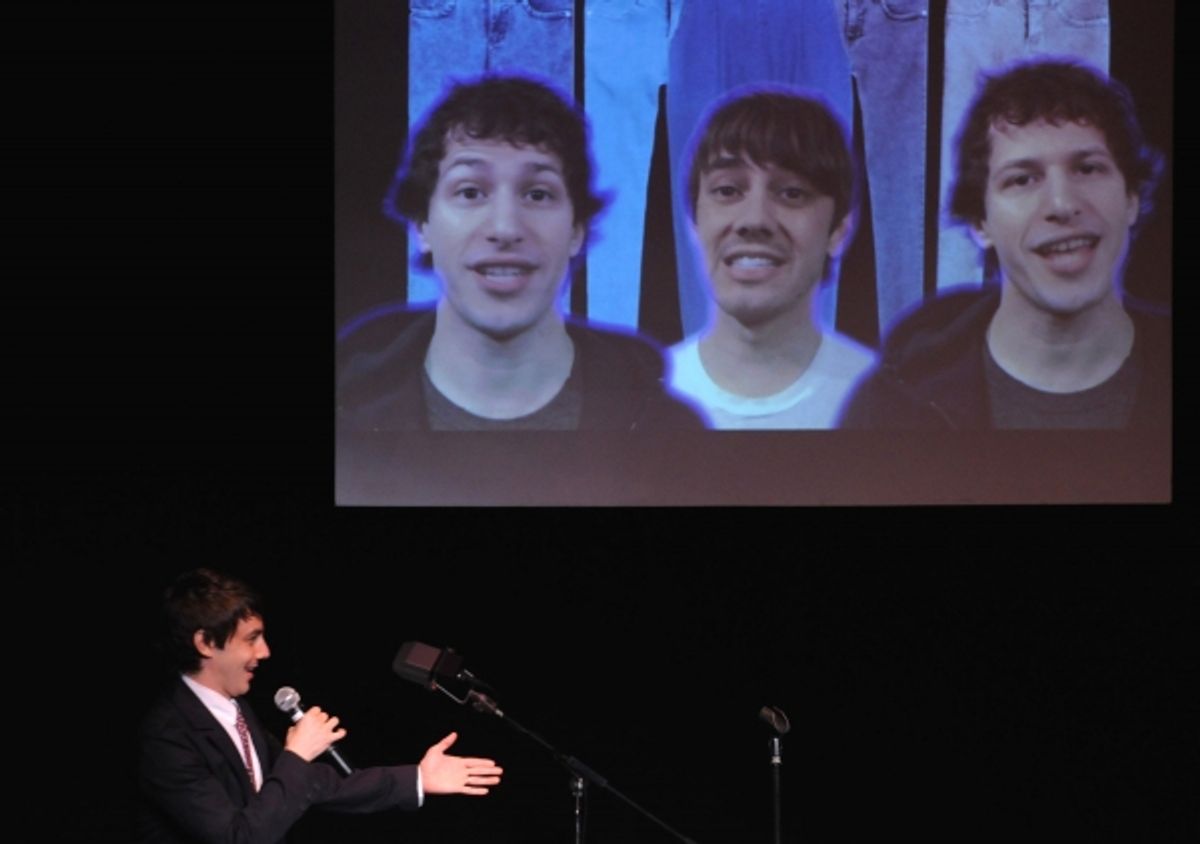 Jorma Taccone on stage; on video Andy Samberg, Jorma Taccone and Andy Samberg at 