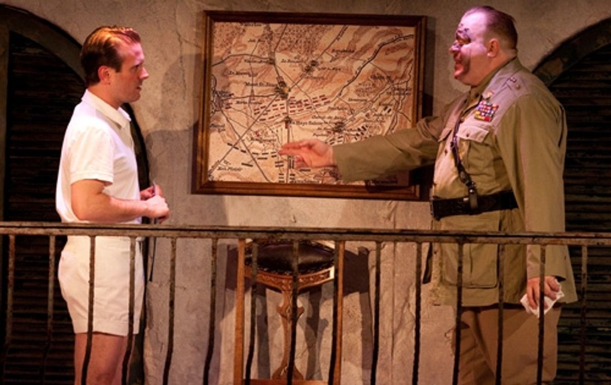 Young Lieutenant Douglas Duff (Joe Knezevich) and General Falbour (Bart Hansard) discuss British rule of Palestine. at 