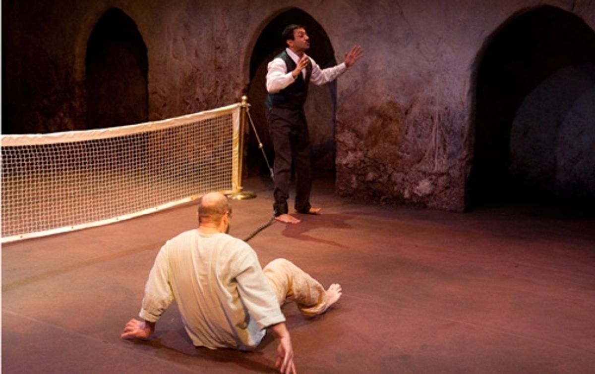 Yusef (Demosthenes Chrysan, seated on ground) and his enterprising young nephew Tariq (Bhavesh Patel) are forced to recover tennis balls for British officers. at 