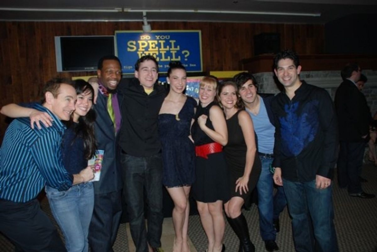 The cast (l-r) Jason Graae, Lana McKissack, Melvin Abston, Tom Zohar, Cassie Silva, Shanon Mari Mills, Laura Griffith, Brett Ryback and Daniel Tatar at 